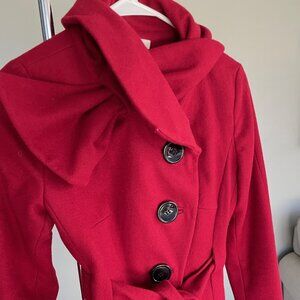 Boston Proper Red Pea Coat with Black Buttons | Belt |Funnel Neck Slit | Size 2
